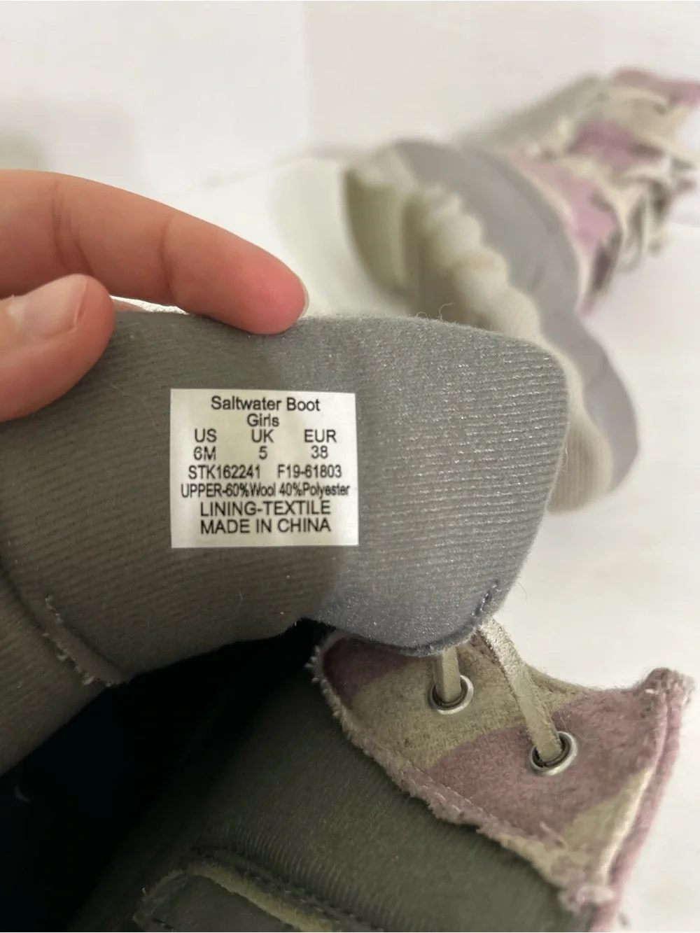 Sperry Duck Boots Gray Saltwater Wool STK162241 G19-61803 Girls Youth Size 6 M